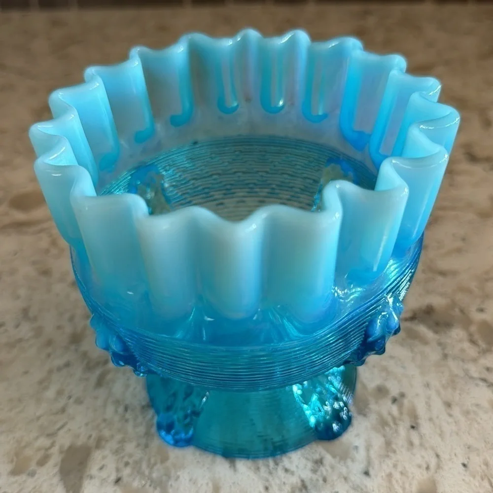VINTAGE~NORTHWOOD OPALESCENT~BLUE ART GLASS~HANDKERCHIEF BOWL~BUTTON PANELS~G124